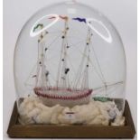 A 20th century Murano glass model of a three-masted ship, under a glass dome, on a gilt painted