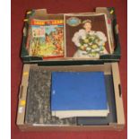 Two boxes of vintage magazines, annuals and ephemera, to include The Beano and Dandy 60 year annual,