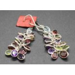 A pair of contemporary silver and multi-stone set ear pendants, containing garnets, amethyst,