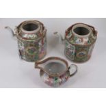 A Chinese Canton porcelain teapot, of circular shape, having a braided metal handle (lacking lid),