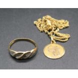 A 9ct gold zodiac pendant, approx 1g, on gilt metal neck chain; together with a 9ct gold hoop