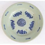 A Chinese pale celadon circular dish, with blue painted motifs, unglazed footrim, with painted