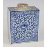 A Chinese 19th century blue and white stoneware tea canister, of rectangular slab-sided form, all-