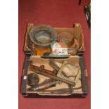 Two boxes of miscellaneous items, to include a copper car horn, iron trivet, wooden coat-rack, brass