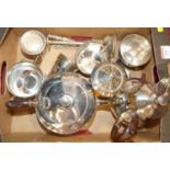 A box of silver plated items to include a teapot, cast cream jug