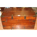 A 19th century camphor wood and brass bound campaign box, the hinged lid opening to reveal a lift-