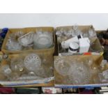 Five boxes of glassware, to include decanters, drinking glasses, and bowls