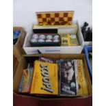 Two boxes of games to include Scoop, Mastermind, Cluedo etc