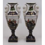A pair of Limoges style vases, each having a flared rim to a slender neck and bulbous lower body