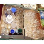 Two boxes of glassware to include sundry pedestal wine glasses, champagne flutes, table bell,