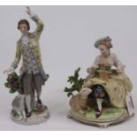 A continental porcelain figure of a seated lady holding a basket of flowers with a lamb at her feet,