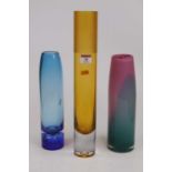 A modern art glass vase of tapered cylindrical form in shades of pink and blue, etched verso Teo,
