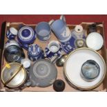 A box of miscellaneous mainly Wedgwood items, to include a blue jasperware tankard for Christmas