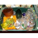 A box of sundry contemporary art glass to include a tutti-frutti square dish, coloured stem glass,