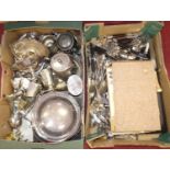Two boxes of silver plated items, to include a tea service, trophy cups, goblets and cutlery