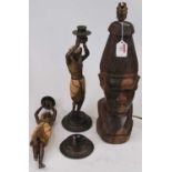 A pair of spelter figures, each in the form of an Egyptian in standing pose holding an urn aloft,