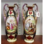 A pair of early 20th century Vienna porcelain twin handled vases, each painted a classical scene
