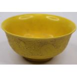 A Chinese yellow glazed porcelain bowl, decorated in relief with dragons, bearing six character mark