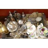A collection of silver plated items to include a coffee pot, wine taster, horn handled tankard,