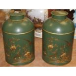 A pair of green painted Toleware canisters and covers, decorated in the chinoiserie style with birds