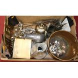 A box of metalware and other items to include a silver plated waiter having a pie crust border,