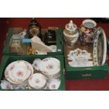 Three boxes of glassware, ceramics, and other items, to include Spode dinnerwares, continental black