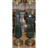 A pair of large reproduction table lamps, each having brass acanthus leaf caps to a blue glass