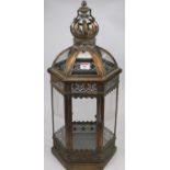 A modern metal framed and glazed dome topped hanging lantern, of hexagonal form, h.62cm