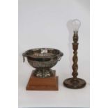 A silver plated trophy bowl, of half-gadrooned form, on teak plinth base; together with a 1920s