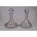A cut glass ships decanter and stopper, h.25cm; together with one other similar (2)