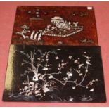A Chinese lacquered and mother of pearl inlaid panel, depicting figures before a pagoda within a