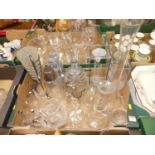 A box of mostly contemporary glassware, to include swan-shaped claret jug, various vases, epergne