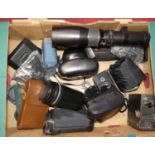 A Chinon CE-4S camera, a cased Sunagor series 1 35mm camera lens, and other cameras and accessories