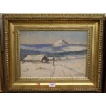 Mid-20th century Eastern European school - Dachas within a snowy landscape, oil on board,