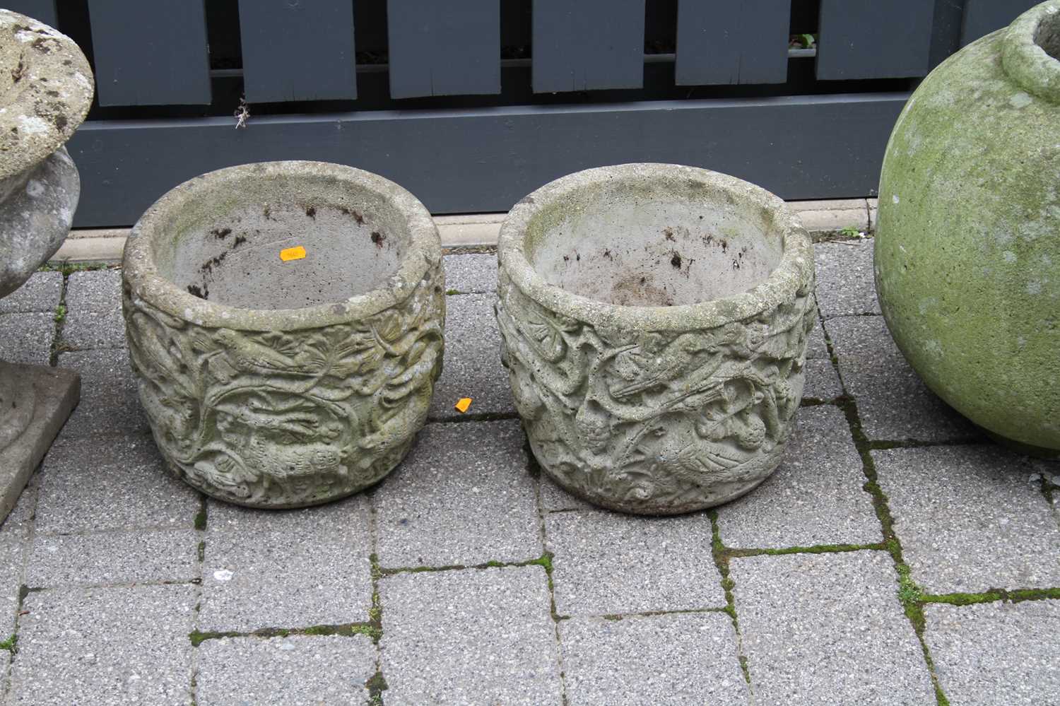 A pair of reconstituted stone footed garden urns, together with a further pair of reconstituted - Image 3 of 5