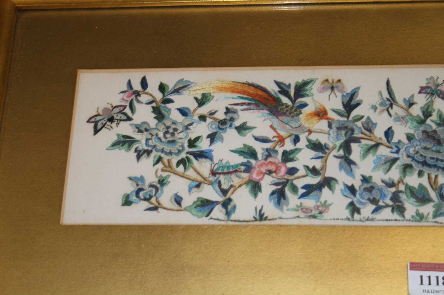 A 20th century Chinese embroidery on silk - study of exotic birds within foliage, 11.5 x 44cm - Image 2 of 3