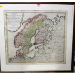 An 18th century hand-coloured engraved map of Scandinavia, dated 1776, titled in script upper