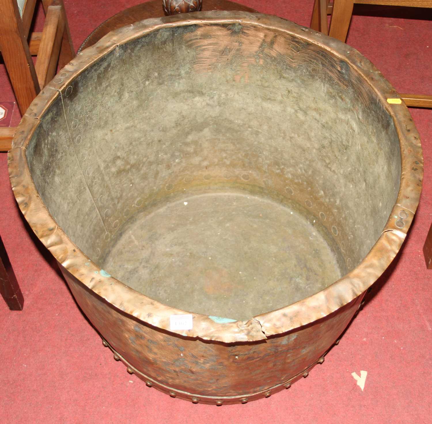 A large circa 1900 copper riveted circular log bucket, dia.70cm