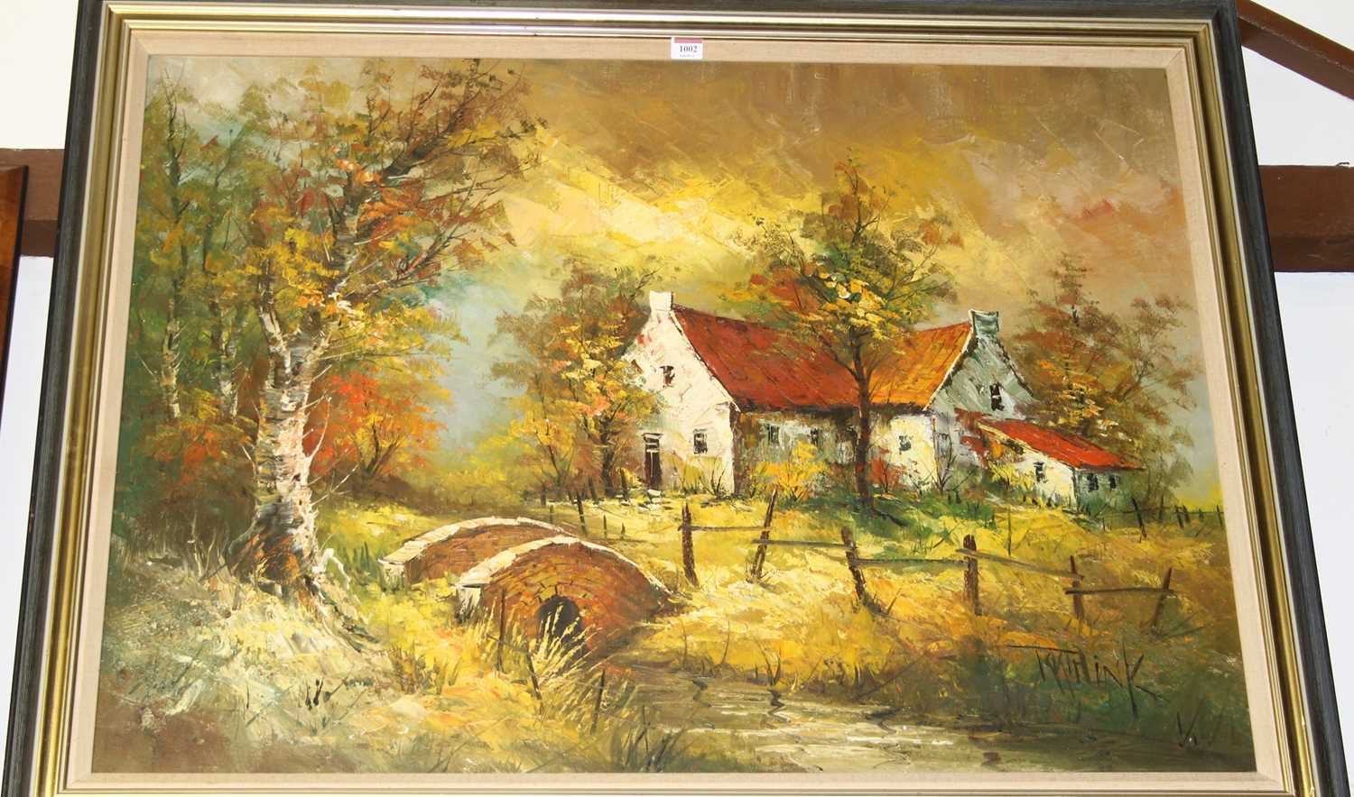 Mid-20th century school - Country cottage scene, palette knife oil on canvas, indistinctly signed
