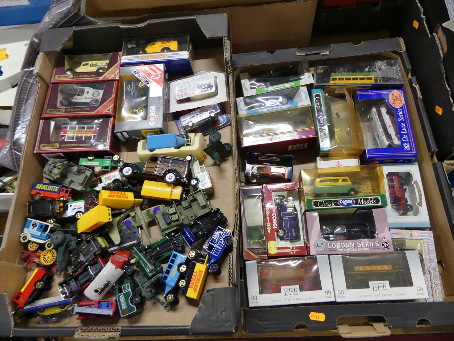 Two boxes of mixed diecast to include Matchbox Models of Yesteryear, Dinky by Matchbox, and others