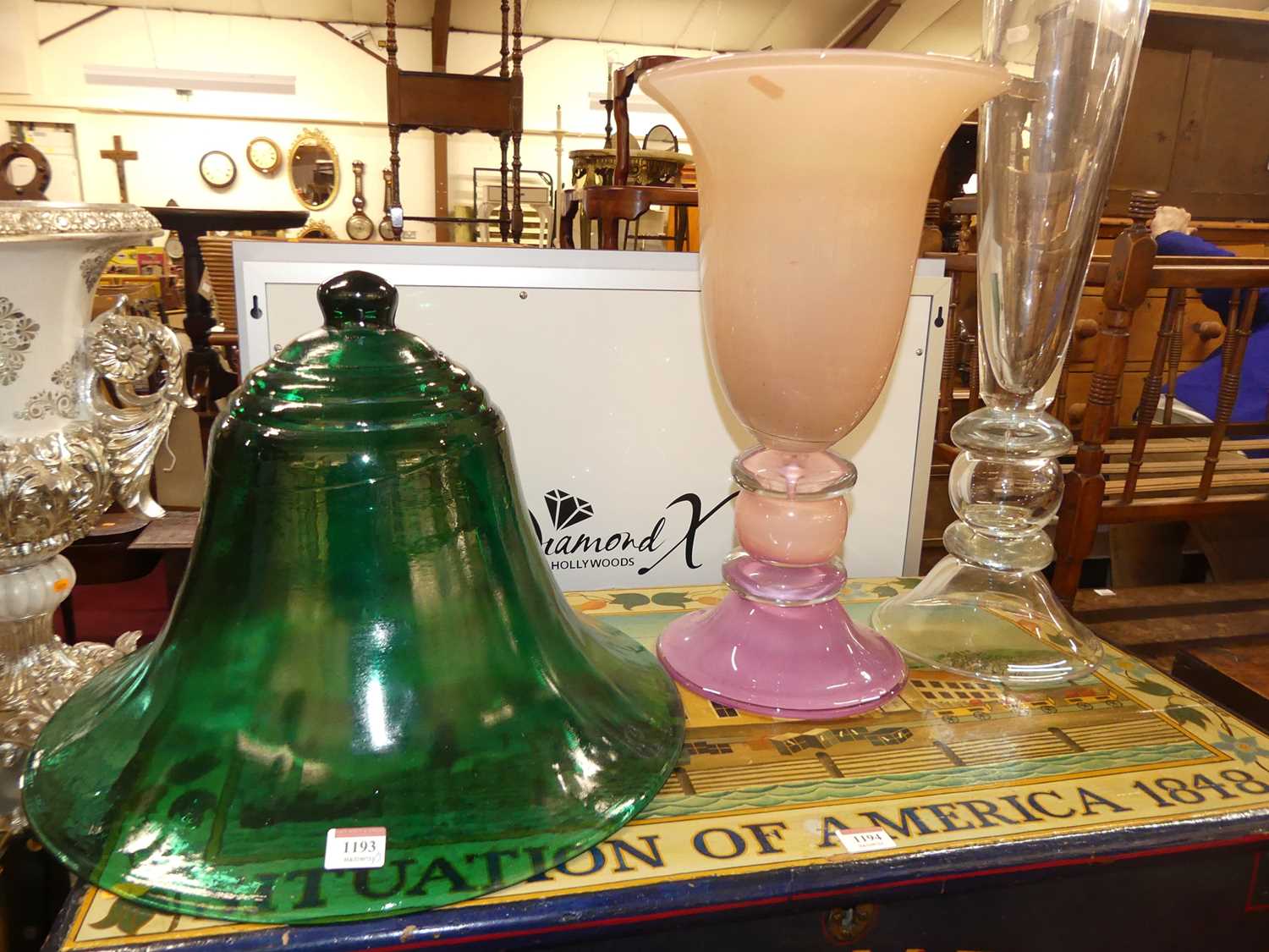 A green moulded glass bell shaped cloche, together with a heavy pink cased glass knopped pedestal - Image 2 of 6