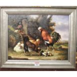 Contemporary Dutch school - cockerels and chicks in a landscape, oil on board, 30.5 x 40.5cm