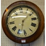 A 19th century mahogany circular postman's alarm clock, having a cream painted dial with Roman