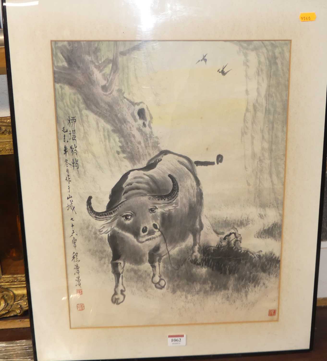Early 20th century Japanese sepia watercolour depicting water buffalo, signed and with studio seals,