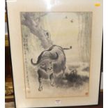 Early 20th century Japanese sepia watercolour depicting water buffalo, signed and with studio seals,