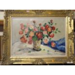 Mid-20th century European school - Still life roses in a vase, palette knife oil on canvas,