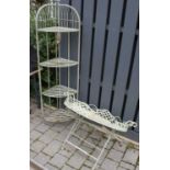 A contemporary painted wrought metal garden four-tier folding corner plant stand, together with a