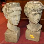 A classical style ladies and gents concrete pedestal garden bust ornaments, height 32cm