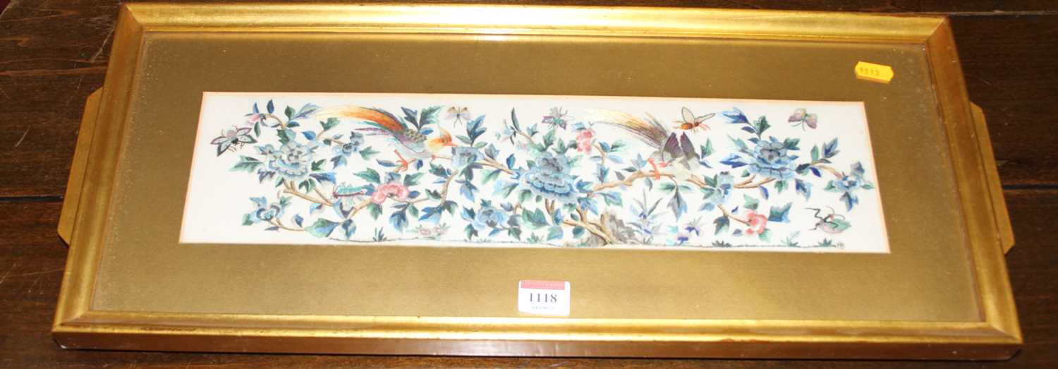 A 20th century Chinese embroidery on silk - study of exotic birds within foliage, 11.5 x 44cm