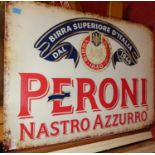 A contemporary printed metal wall sign titled 'Peroni Nastro Azzuro', 70 x 50cm